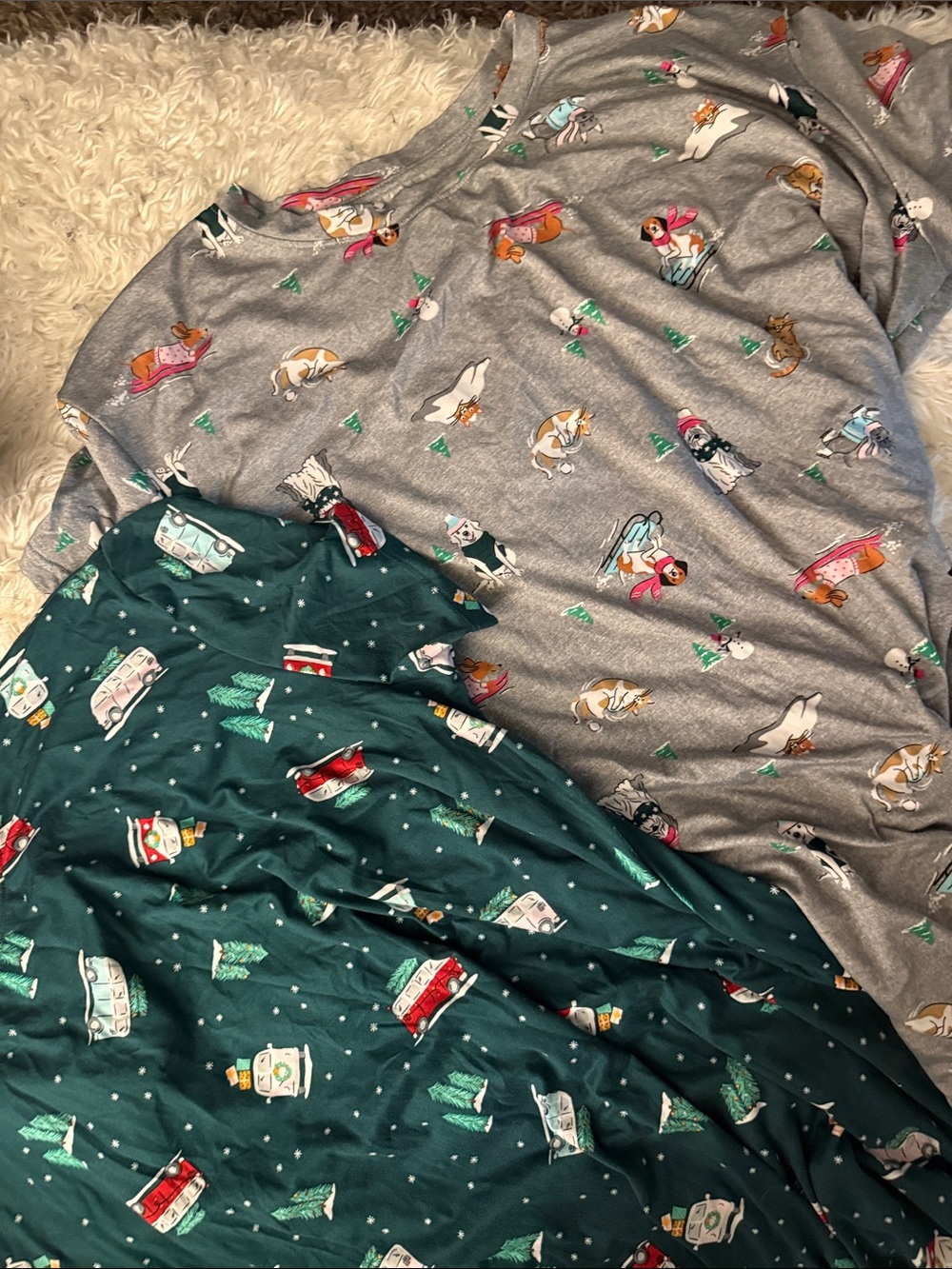 Woman’s Holiday Pajama Set - Green and Gray, Cute Print both have pockets!